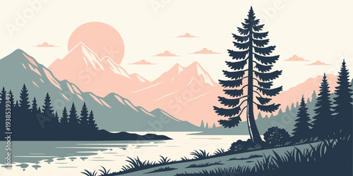 A serene landscape of tall pine trees standing by a calm lake with a sunset sky Vector