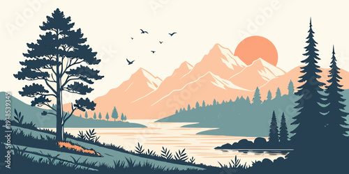 A serene landscape with mountains, trees, and a calm river under a clear sky Vector