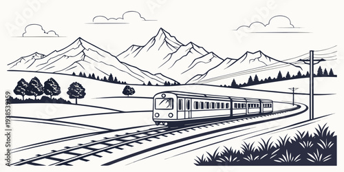 A serene landscape with a train traveling through a mountainous region. Vector