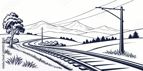 A detailed illustration of a train traveling through a mountainous landscape Vector