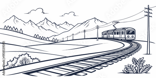 A serene landscape with a winding road leading to a distant mountain range under a clear sky. Vector