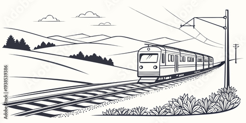 A vintage train journeying through a picturesque mountain landscape. Vector