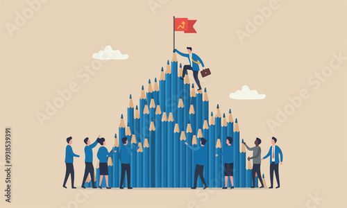 Creative challeng, style the illustration is modern, flat design with clean lines and minimal shading climbing pencil mountain to reach winning flag at the peak.