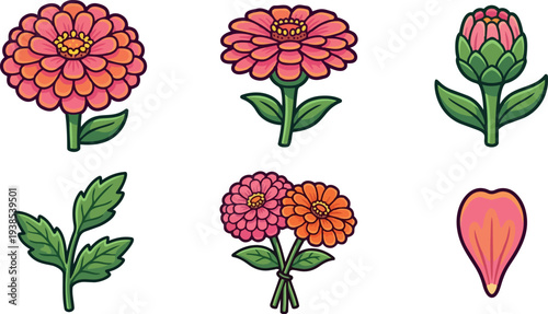 Flat design colorful zinnia flower sticker set with single stems bouquet leaves petal close up bold outline pink orange