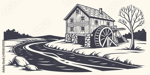 A charming countryside house nestled on a hillside with a winding road leading to it Vector