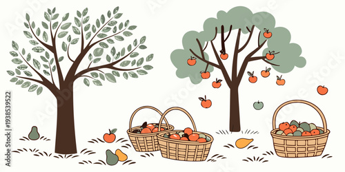 A serene autumn scene with trees, pumpkins, and a cozy atmosphere Vector