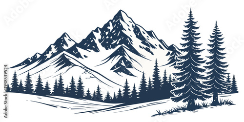 Majestic mountain range with snow-capped peaks and dense forest below Vector