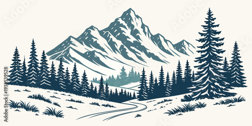 Majestic mountain landscape with snow-covered peaks and lush green trees Vector