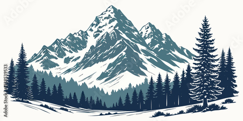 Majestic snow-covered mountain range with dense pine forest in the foreground Vector