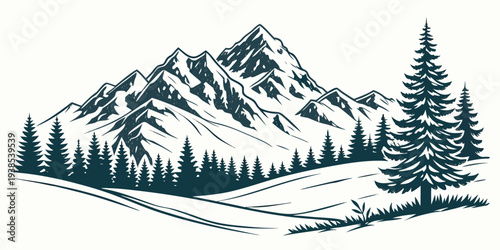 Majestic mountain landscape with snow capped peaks and dense forest at the base Vector