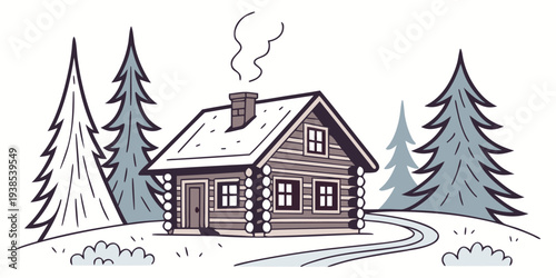 A charming winter cabin nestled in a serene snowy forest landscape Vector