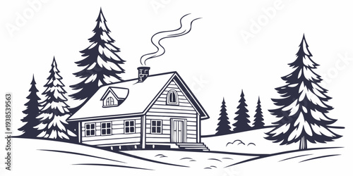 A charming winter scene with a cozy cabin nestled in a snowy forest landscape. Vector