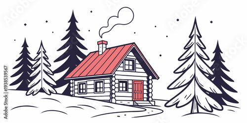 A charming winter cabin nestled among tall pine trees with snow-covered branches. Vector