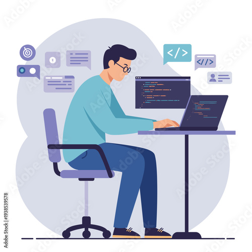 A man coding on a laptop with a second monitor displaying code, surrounded by development-related icons.