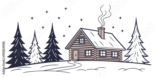 A cozy cabin in the woods during a gentle snowfall Vector