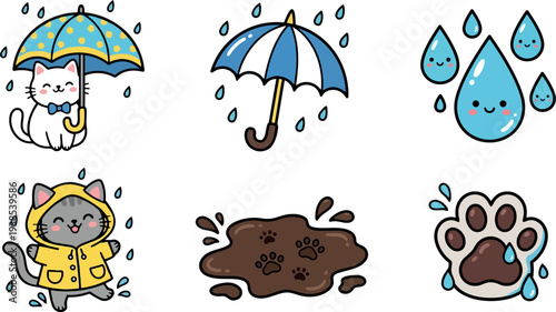 Kawaii flat design close up cat with umbrella and raincoat icons smiling paw print mud splash raindrops playful vector sticker set
