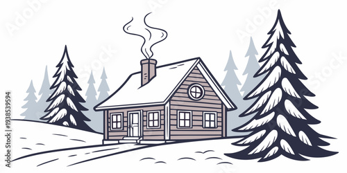 A cozy cabin in the woods with a chimney emitting smoke surrounded by trees Vector