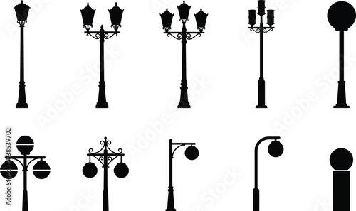 Ten street lamp silhouette illustration set, ornate and modern designs, decorative urban lighting vector art, black outdoor architecture elements