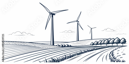 Wind turbines standing tall in a vast field of crops under a clear sky Vector