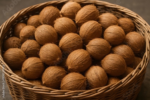 Fresh coconuts piled together showcasing their natural texture and organic appeal at a vibrant food market setting for culinary use, Close-up Photo of Healthy Walnuts in a Basket for Nutritious Food 
