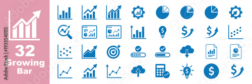 Set of Growing bar graph icon with arrow going up. Progress bar. Growing graph icon graph sign. Chart increase profit. Growth success arrow icon.  Icons of performance, gain, improvement, grow, chart