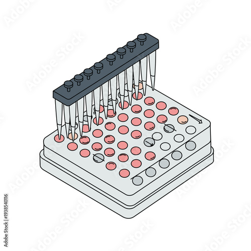 A multi-channel pipette dispensing liquid into a multi-well plate for laboratory experiments and high-throughput assays.