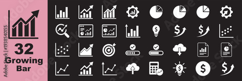 Set of Growing bar graph icon with arrow going up. Progress bar. Growing graph icon graph sign. Chart increase profit. Growth success arrow icon.  Icons of performance, gain, improvement, grow, chart