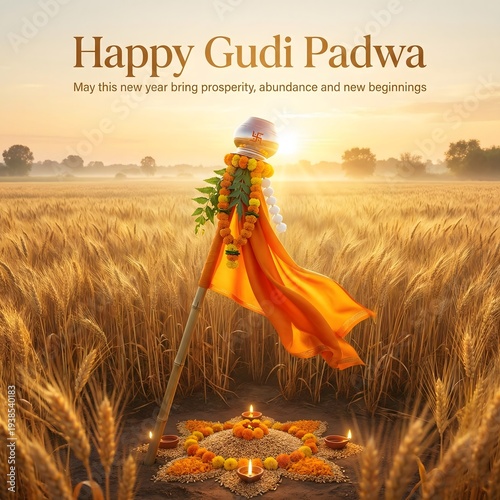 Gudi padwa celebration with traditional rituals in wheat field at sunset