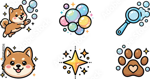 Kawaii sticker style close up playful shiba inu puppy leaping toward soap bubbles with magnifying glass paw print icons sparkling