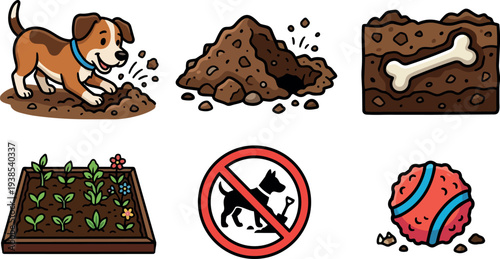 Cartoon vector set showing playful brown dog digging dirt mound with buried bone near raised garden bed and chewed ball
