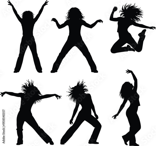 Dance silhouettes, energetic poses, expressive movement, jumping figure, fluid gestures, black vector set, motion illustration, artistic choreography icons