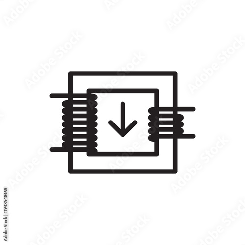 Step down transformer icon. A dual coil winding design on a magnetic core with a downward arrow, voltage reduction. Ideal for electronic circuit schematics, power supply diagrams, technical projects.