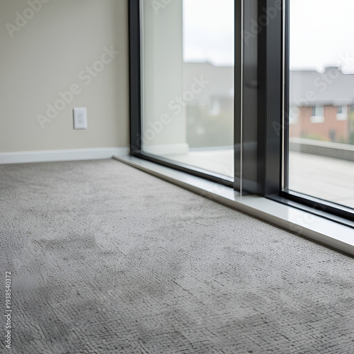 Modern minimalist living room with gray sofa, round tables, and large windows, Bright, airy living room interior with a comfortable sofa, large windows, and hardwood flooring, Minimalist cozy 
