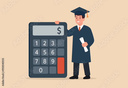 Student loan calculation, education budget allocation, university expense and debt pay off or scholarship payment concept, graduated student standing with mortar board hat calculator
