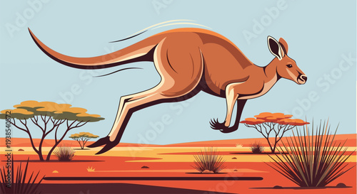 Red kangaroo jumping through the australian outback desert at sunset
