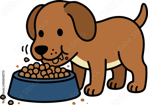 Flat design cute brown puppy eating kibble from blue bowl looking at viewer low angle close up playful mood smiling vector