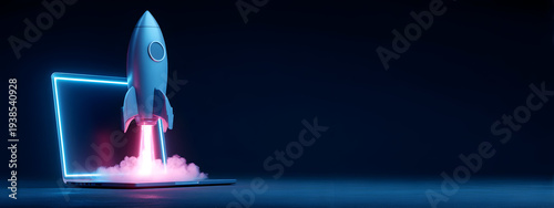 Dynamic neon rocket launching from an illuminated laptop display, representing digital startup, rapid growth, and modern technology concepts