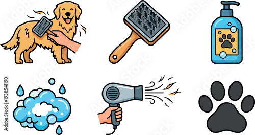Colorful cartoon vector of golden retriever being brushed with brush shampoo bubbles and hairdryer close up grooming detailed paw print icons