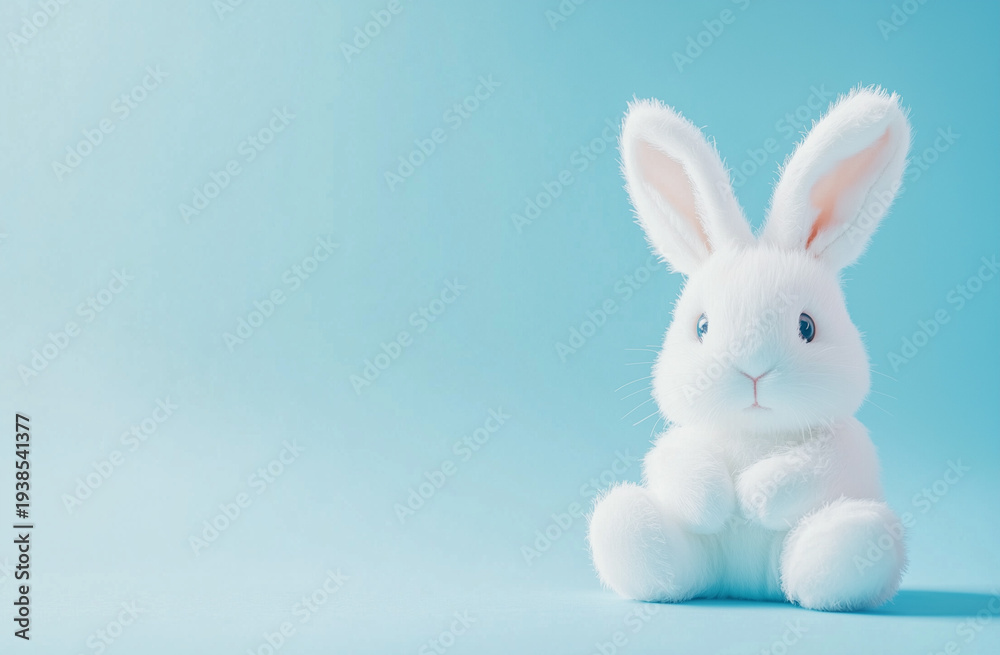 Obraz premium Cute White Bunny Plush Sitting on Pastel Blue Background — Fluffy Easter Toy and Cuddly Rabbit