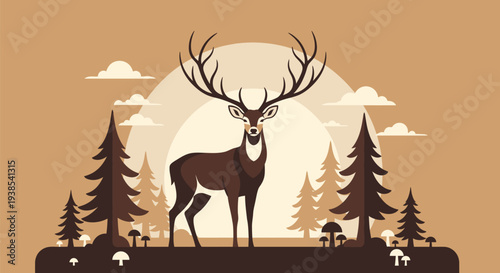 Majestic deer with large antlers standing in a forest at sunset