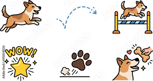 Flat design playful corgi icon set showing jumping corgi, paw print, agility jump, treated reward bone and joyful face smile