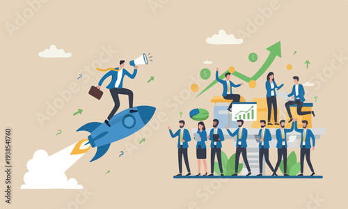 Financial The is, flat design with clean lines and minimal shading. for success concept, businessman riding rocket booster with growth arrow