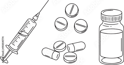 Medical Syringe Vaccine Bottle and Pills Healthcare Line Art Illustration Set