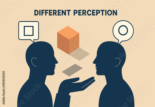 Perception process to interpret information, though or opinion depend on personality or perspective, difference bias or illusion concept, human head looking at object with difference perception