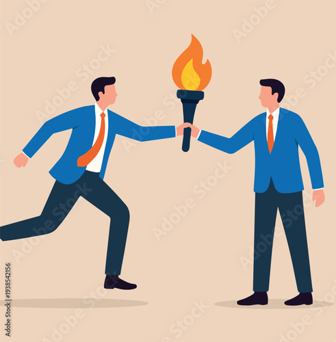 Successor plan, baton pass or transfer to new chosen leader, change new CEO or collaboration to achieve goal and win business competition concept, smart businessman leader passing torch to successor.