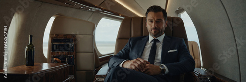 A successful businessman in a formal suit looking out of the window while traveling in the luxury cabin of a private jet