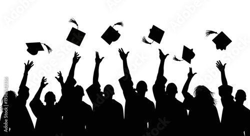 A group of black silhouettes of people throwing graduation caps in the air on a white background, celebrating education and scholar achievement in a joyful event.