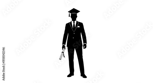 A black silhouette of a scholar in a graduation cap and formal attire holding a diploma against a clean white background, symbolizing education and achievement.