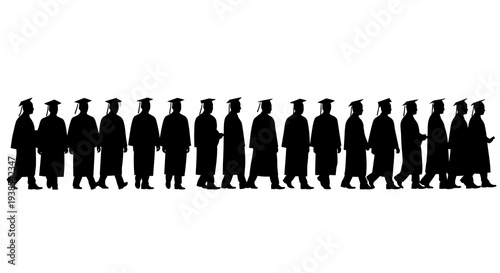 A group of black silhouettes of people wearing graduation caps and gowns walking in a line on a white background, representing education and scholar achievement in a simple, vector