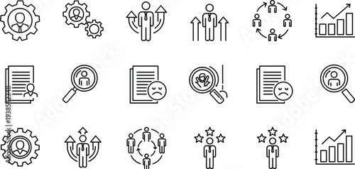 Human resources and business management line icon set featuring employee search, team collaboration, recruitment process, performance rating, leadership growth and analytics symbols.